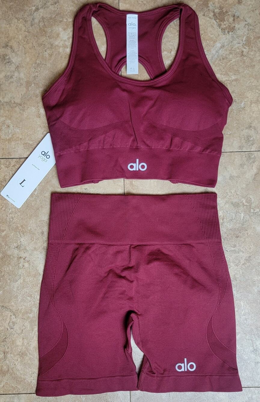 ALO Yoga L Racerback Sport Bra Biker Shorts Burgundy Athletic Activewear Gym Set